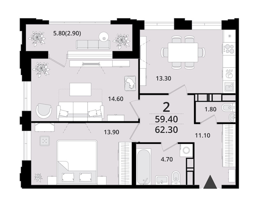 2-комнатная квартира 62.3 м², 12/13 эт., ЖК «Тайм Сквер»